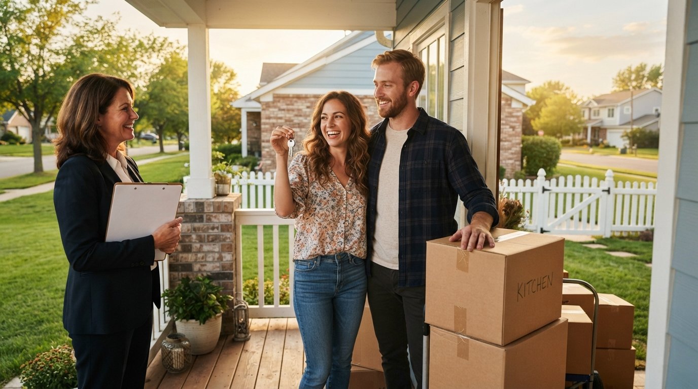 Smiling couple in their late twenties stands in a doorway with house keys and a moving box while a real estate agent with a…