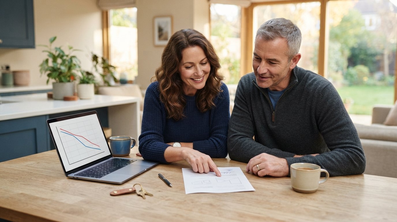 Couple in casual business attire reviewing a refinance document beside a laptop with a downward-trending rate graph, house…