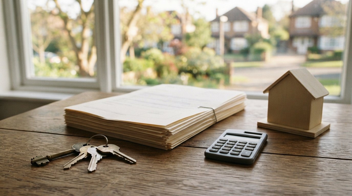 Three house keys on a wooden desk beside mortgage paperwork, a calculator, and a small house model, with a suburban…