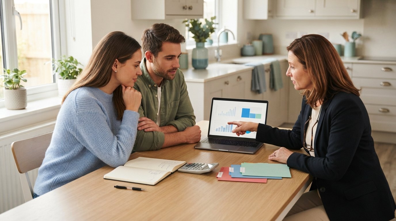 Couple reviews mortgage papers and a calculator at a kitchen table beside three color-coded folders