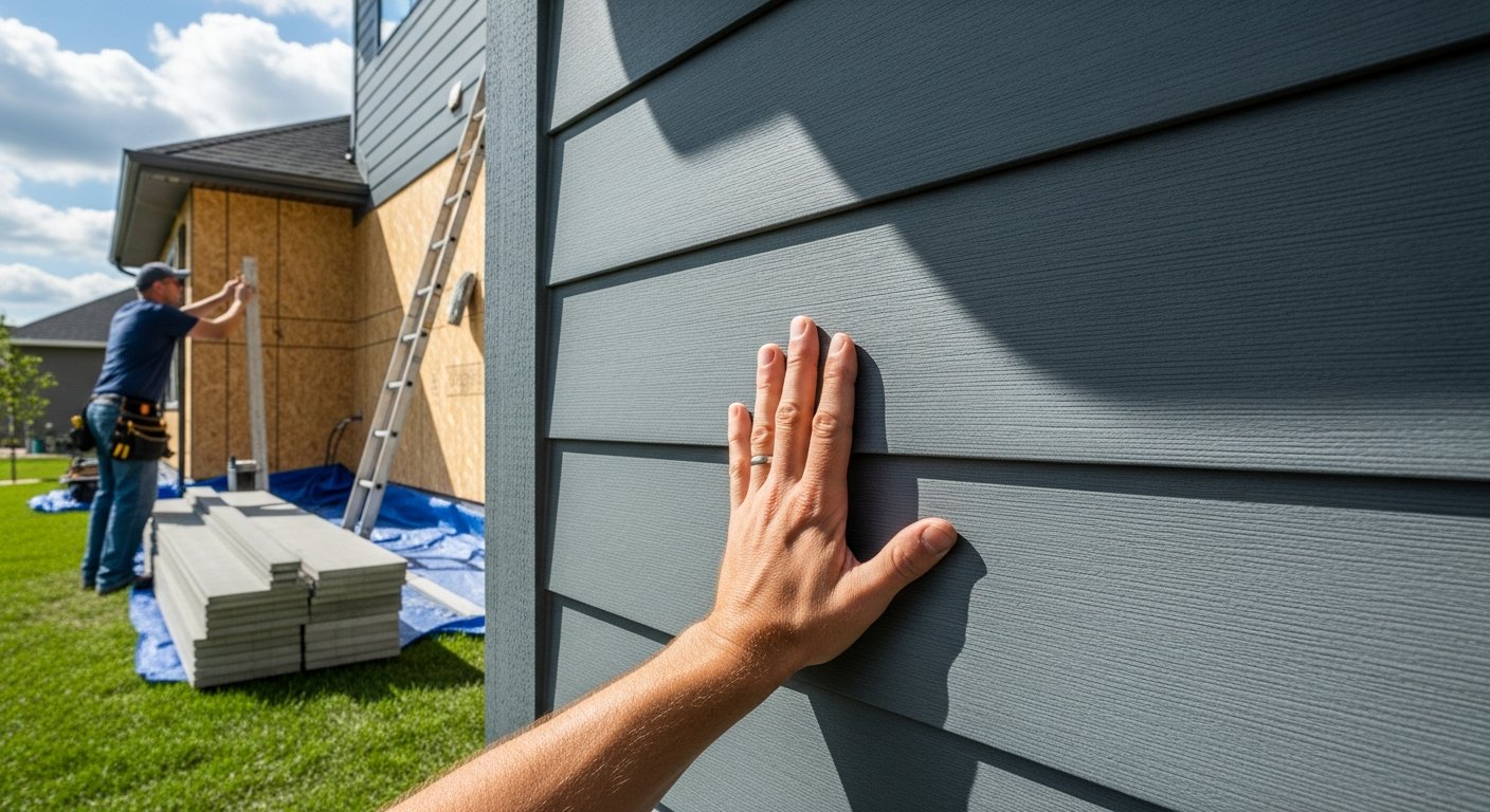 Close-up of a hand touching the textured, slate-gray surface of newly installed fiber cement siding on a modern house, with…