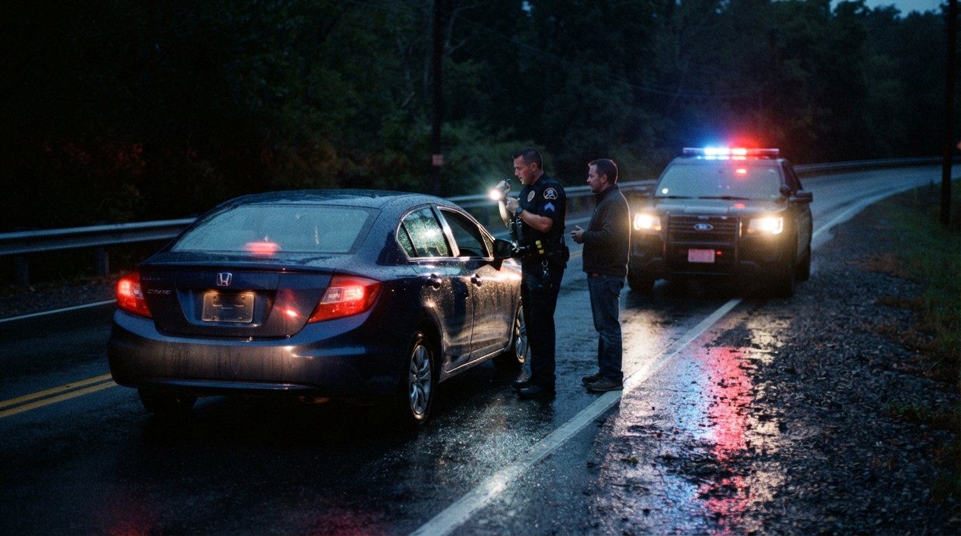 Police cruiser with red and blue lights behind a stopped sedan at night as an officer stands by the driver's door and a…