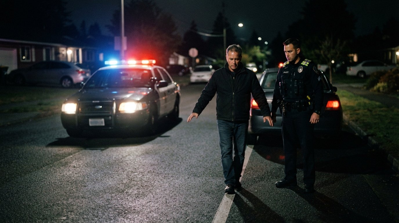 Police officer watching a driver perform a walk-and-turn test on a dark roadside at night, patrol car lights flashing…