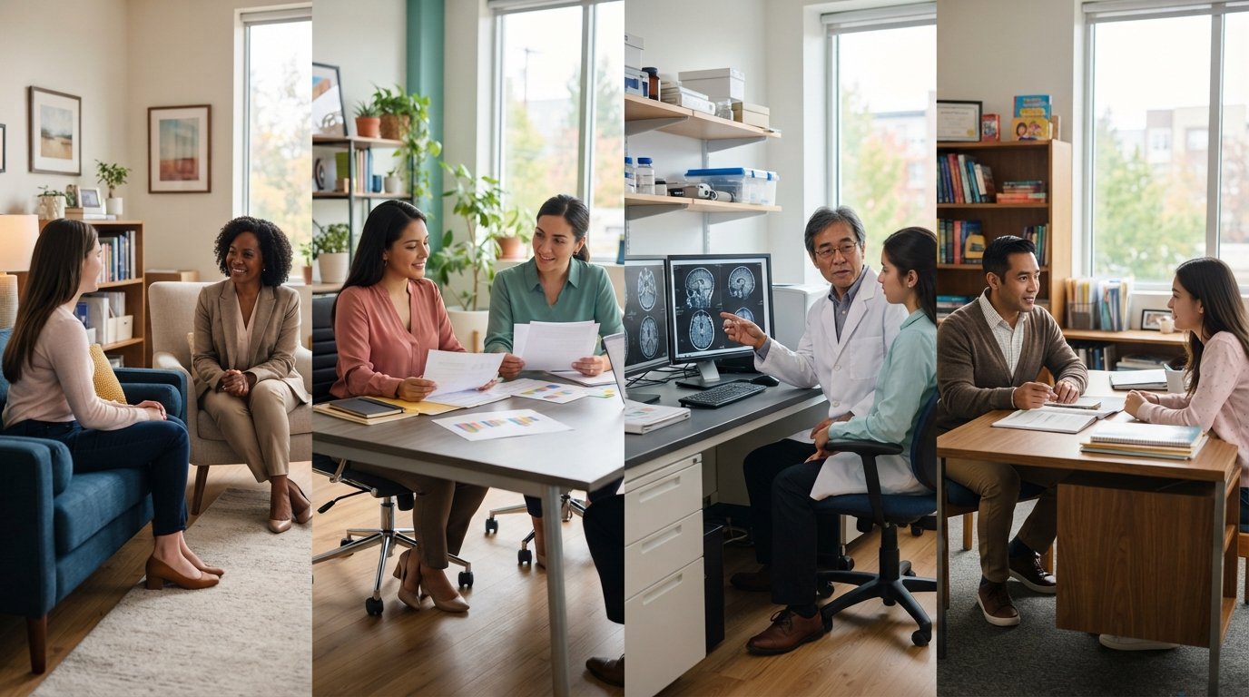 Four professionals in psychology roles: a therapist in an office, an HR specialist with charts, a researcher viewing brain…