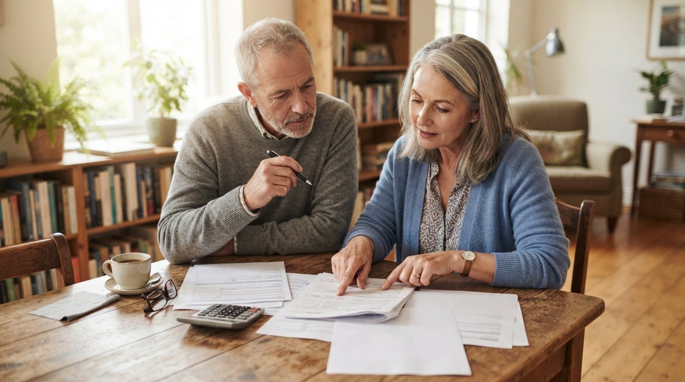 Senior couple at a dining table comparing printed insurance quotes with a calculator, pen, reading glasses, and coffee