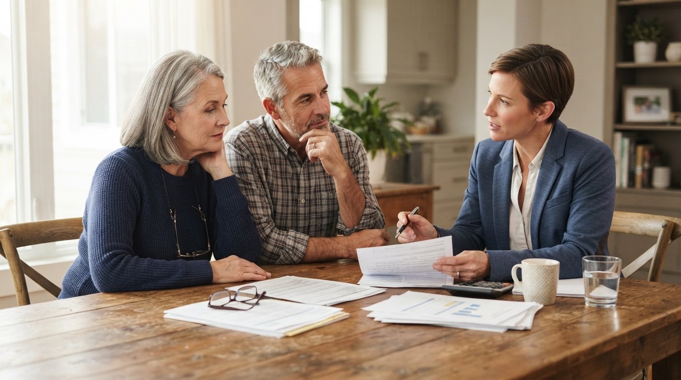 Senior couple at a wooden kitchen table reviewing insurance paperwork with an agent, calculator, reading glasses, and…