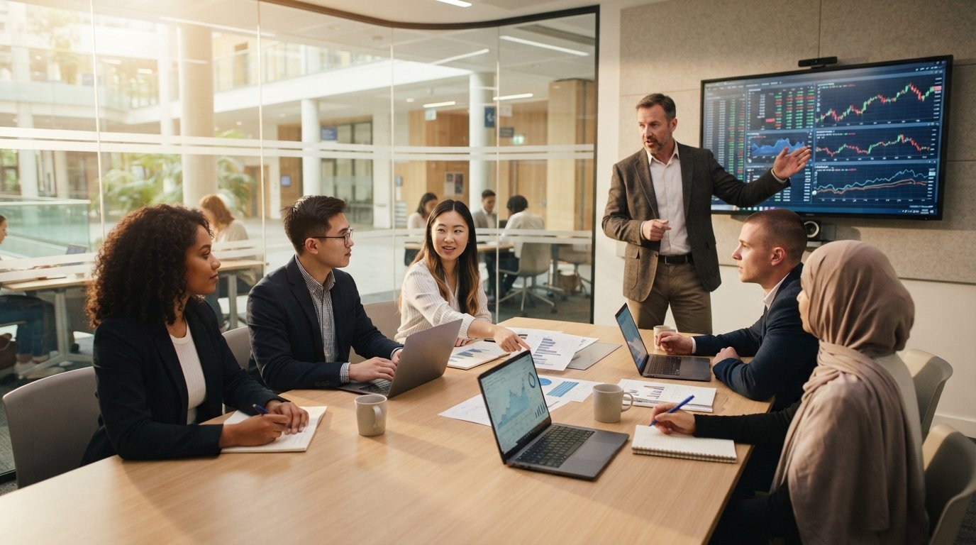 Diverse students in business casual attire collaborate around a table with laptops and notebooks while a professor gestures…