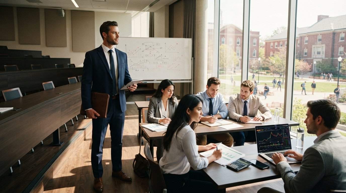 Man in navy suit holding portfolio stands in bright lecture hall while graduate students review financial charts on a monitor