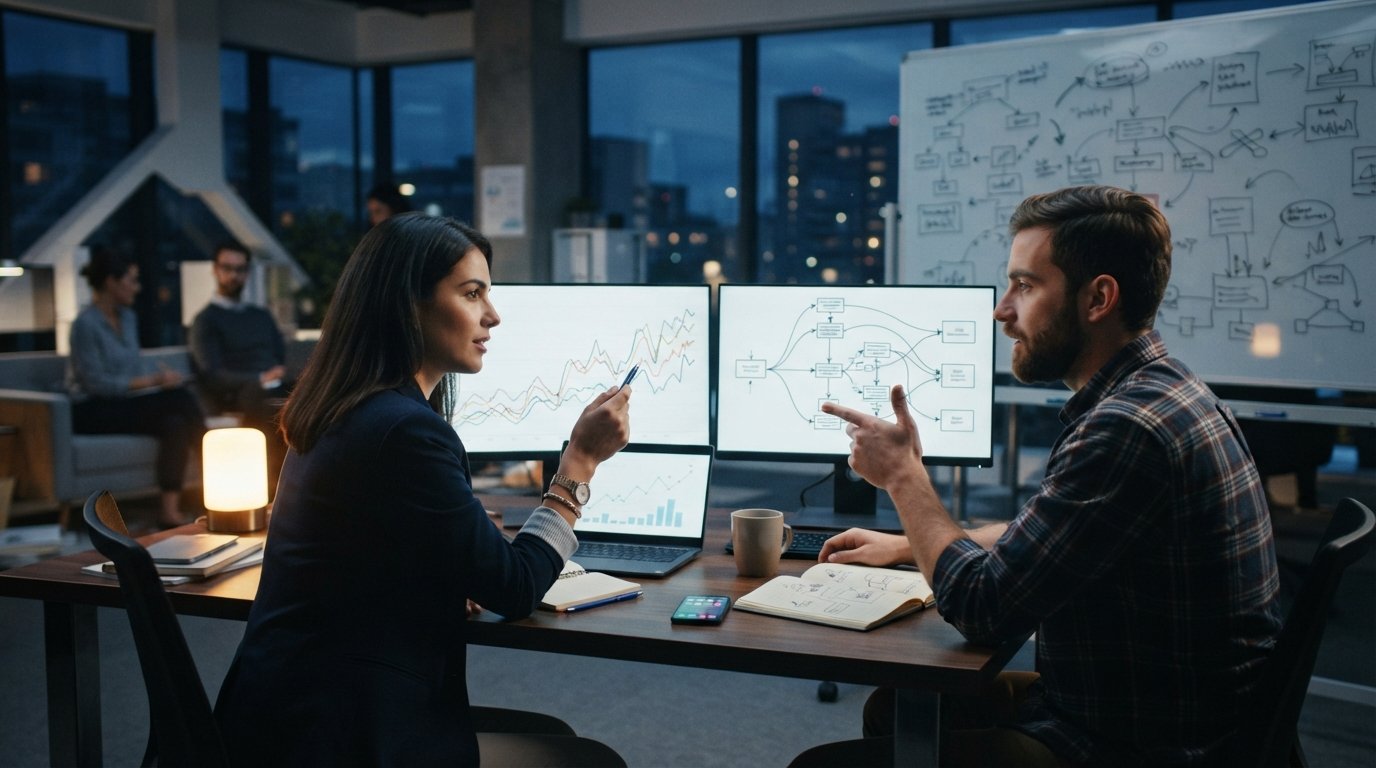 Two professionals review dual monitors showing a rising bid graph and a lead routing flow diagram between buyer nodes at dusk