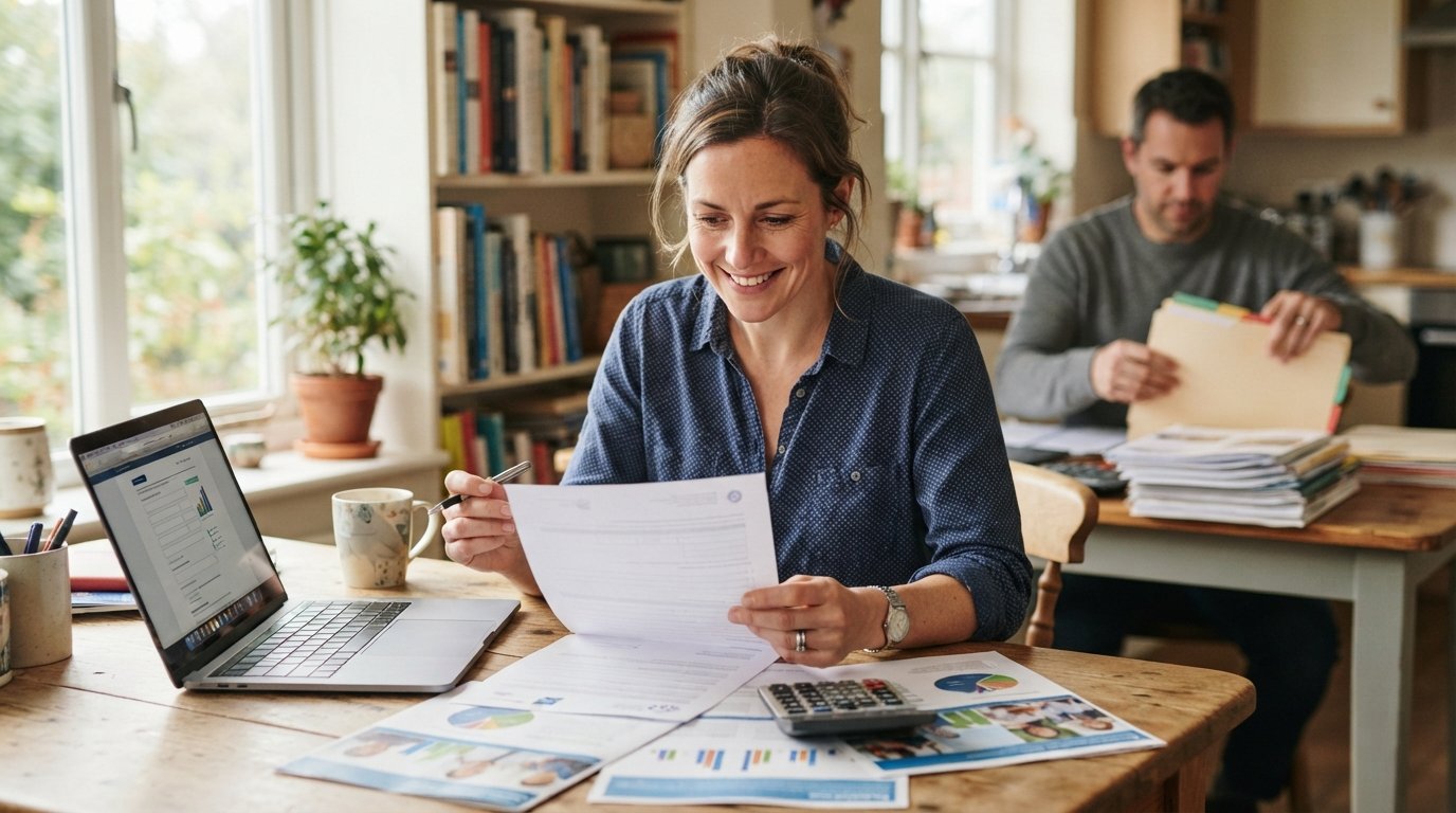 Mid-career adult at a kitchen table with financial aid brochures, a laptop showing a scholarship form, calculator, and…