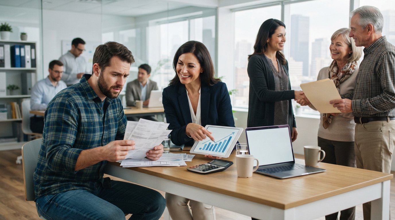 Female financial advisor showing a loan approval chart on a tablet to a worried man in a plaid shirt while another advisor…
