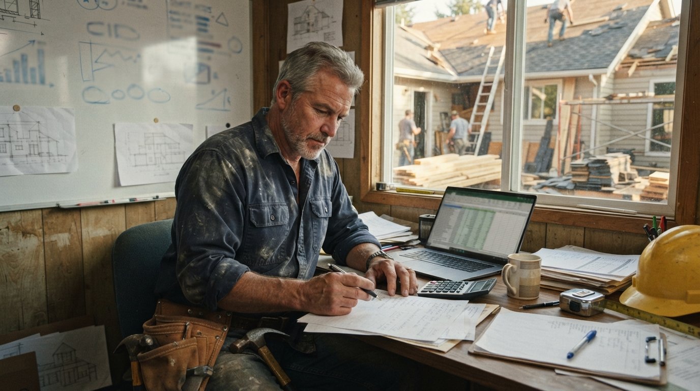Contractor in dusty navy work shirt and tool belt reviews paperwork and calculator at a cluttered desk with laptop, hard…