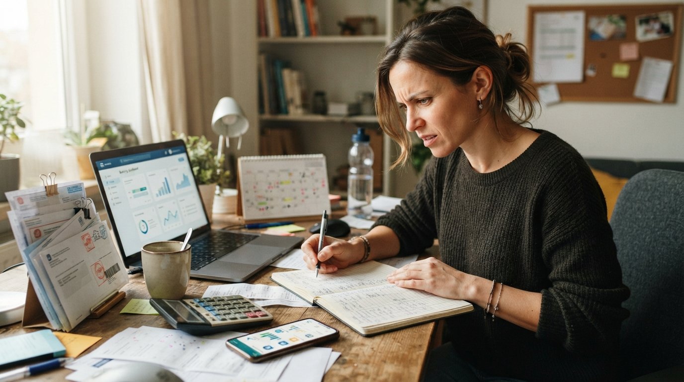 Freelancer at a home desk comparing handwritten budget columns with a banking dashboard, surrounded by bills, a calculator,…