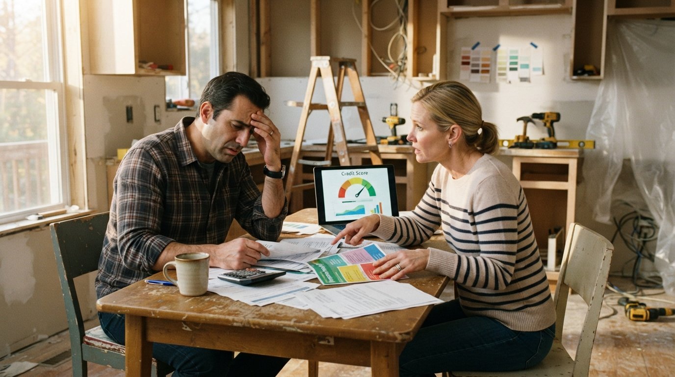 Couple at a kitchen table with loan paperwork, calculator, and laptop showing a credit score gauge, half-renovated kitchen…