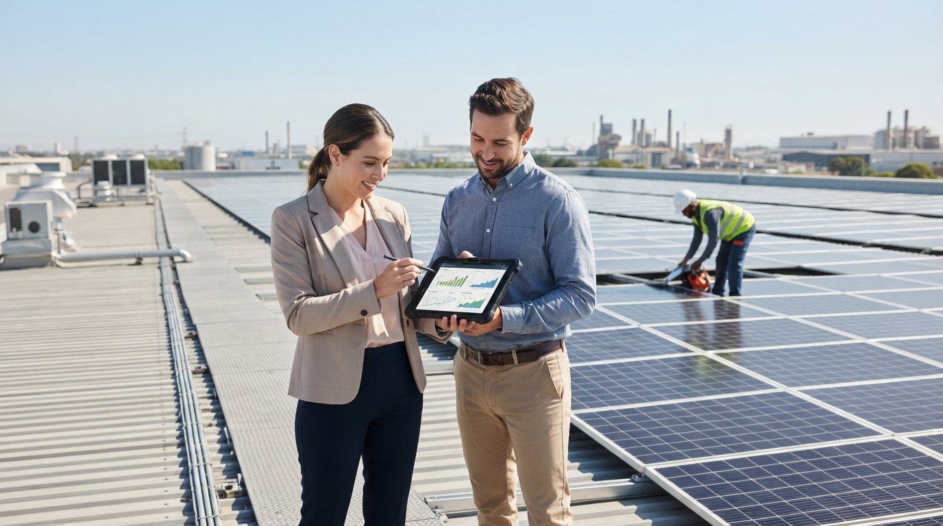 Two business professionals in business casual attire review a tablet on a warehouse rooftop, with a commercial solar panel…