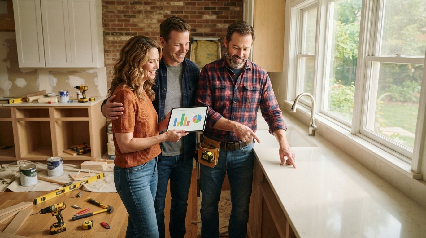 Smiling couple in their 40s holding a tablet with a budget chart, standing in a bright kitchen under renovation while a…