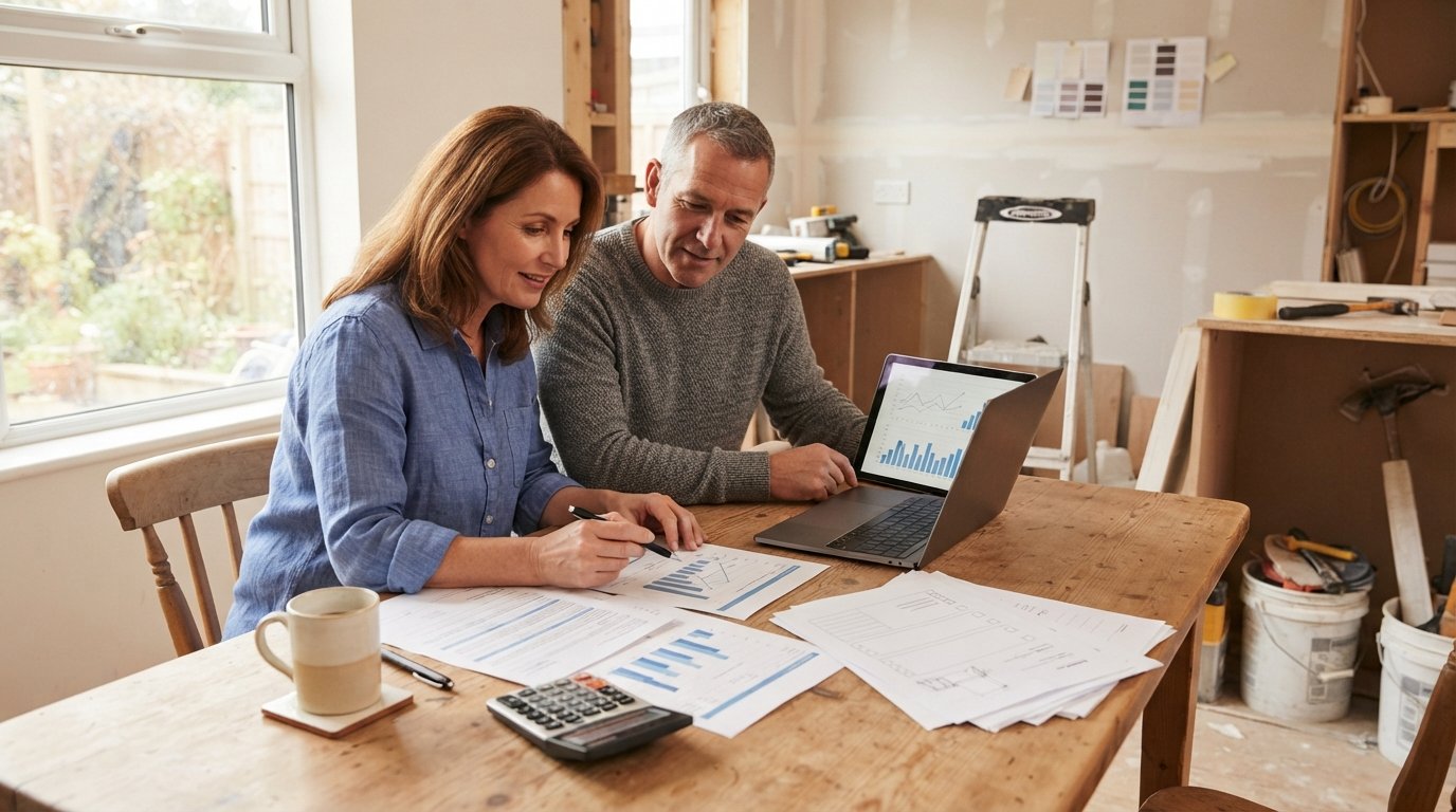Couple reviewing loan comparison charts and contractor estimates at a kitchen table beside a partially renovated kitchen