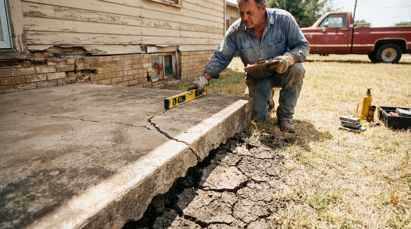 Contractor kneeling beside a cracked concrete slab foundation of a Texas home, inspecting with a digital level and clipboard