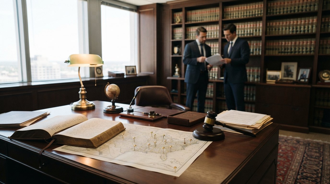 Polished wooden desk with an open legal codebook, a US map marked with brass pins, a brass lamp, and a gavel beside…