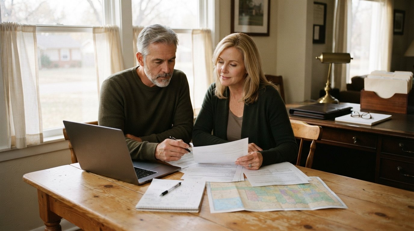 Man and woman review legal paperwork and a laptop at a wooden table, with an Oklahoma map and notepad nearby