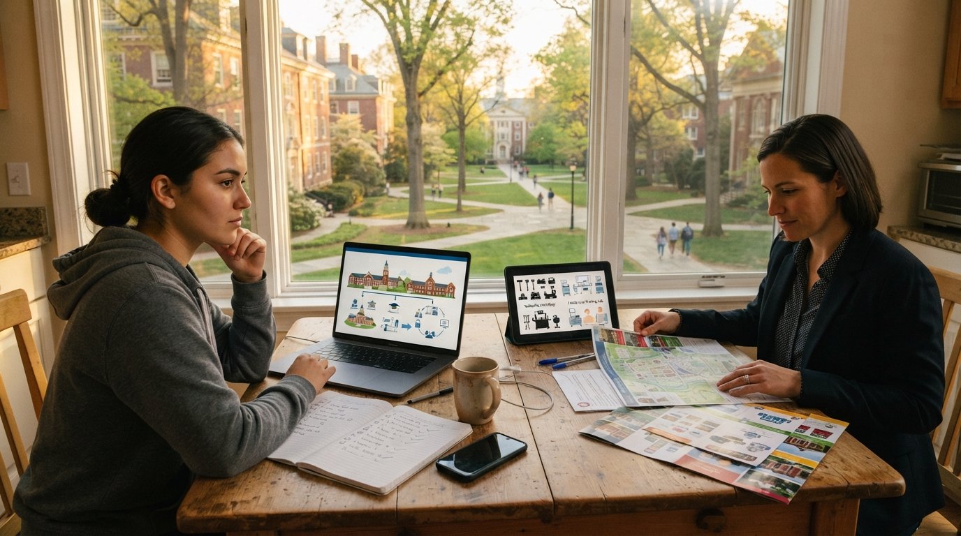 Two adults at a kitchen table with a laptop, notebook pros-and-cons lists, brochures, and a campus map, with a Pennsylvania…