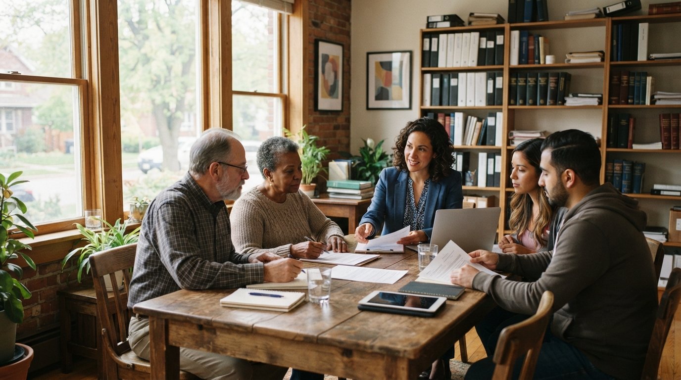 Adults seated around a wooden table reviewing documents with a legal advisor in a sunlit office lined with binders