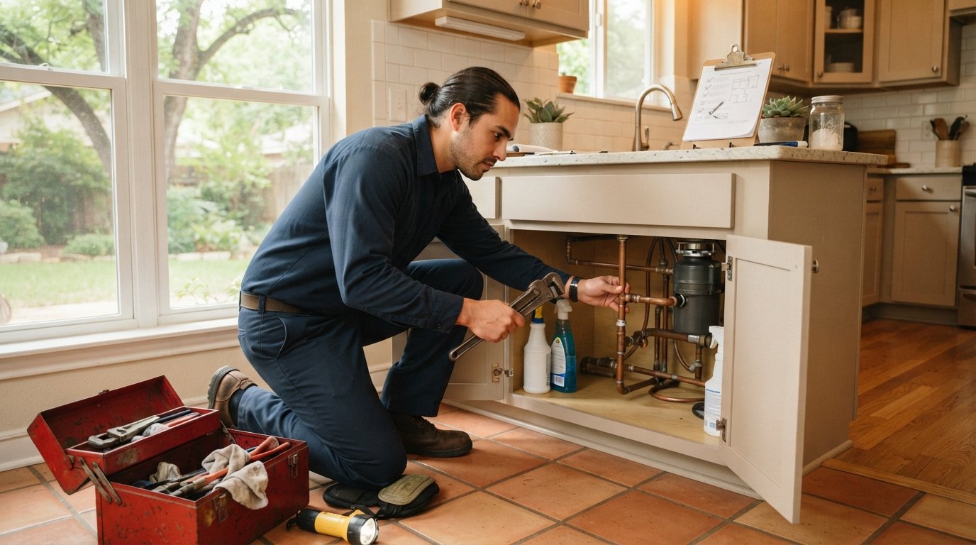 Plumber in navy uniform kneeling by open sink cabinet, holding pipe wrench and checking copper pipes in a bright kitchen