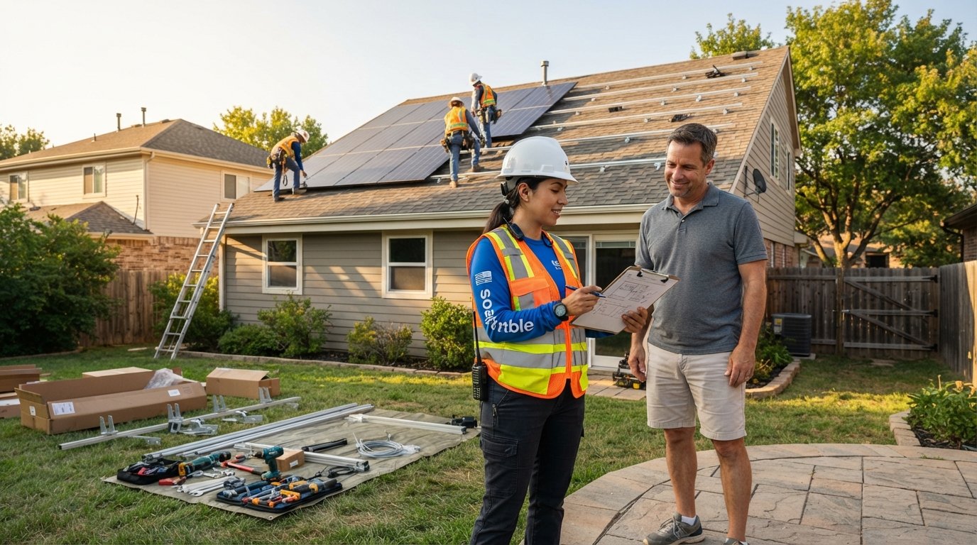 Solar consultant in hard hat and safety vest reviews a clipboard checklist with a homeowner beside a rooftop solar array…
