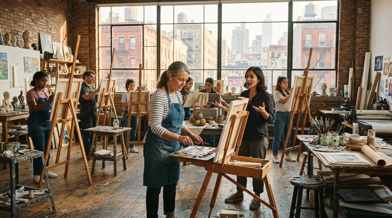 Adult students painting at wooden easels in a sunlit Manhattan art studio with large industrial windows