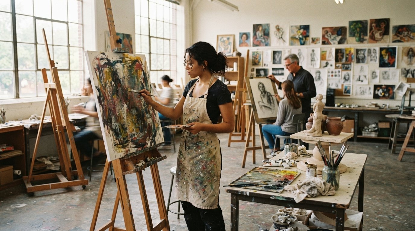 Student in a paint-splattered apron paints an abstract canvas on an easel in a bright university art studio with tall…