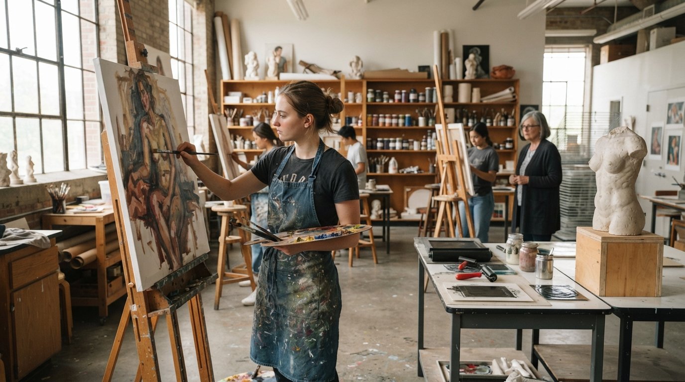 Student in a paint-splattered apron applies oil paint to a large canvas on a wooden easel in a sunlit university art…