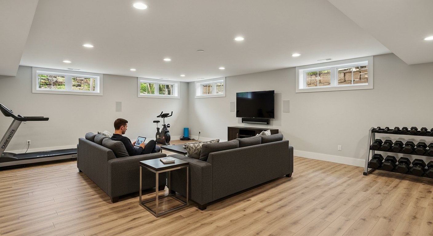 Spacious finished basement featuring a gray sectional sofa, wall-mounted TV, wet bar with stools, treadmill and weight rack…
