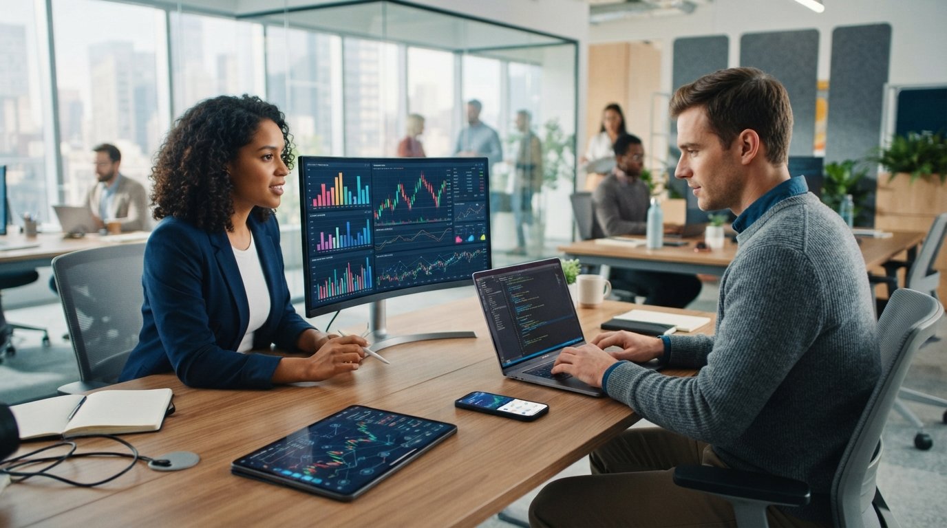 Two professionals in a modern office review financial dashboards on a curved monitor while one writes code on a laptop,…