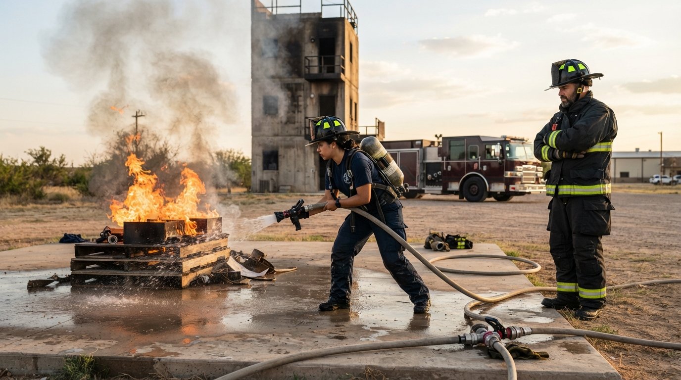 Fire science students in navy uniforms and yellow helmets practice a live fire drill, one aiming a hose at flames while an…