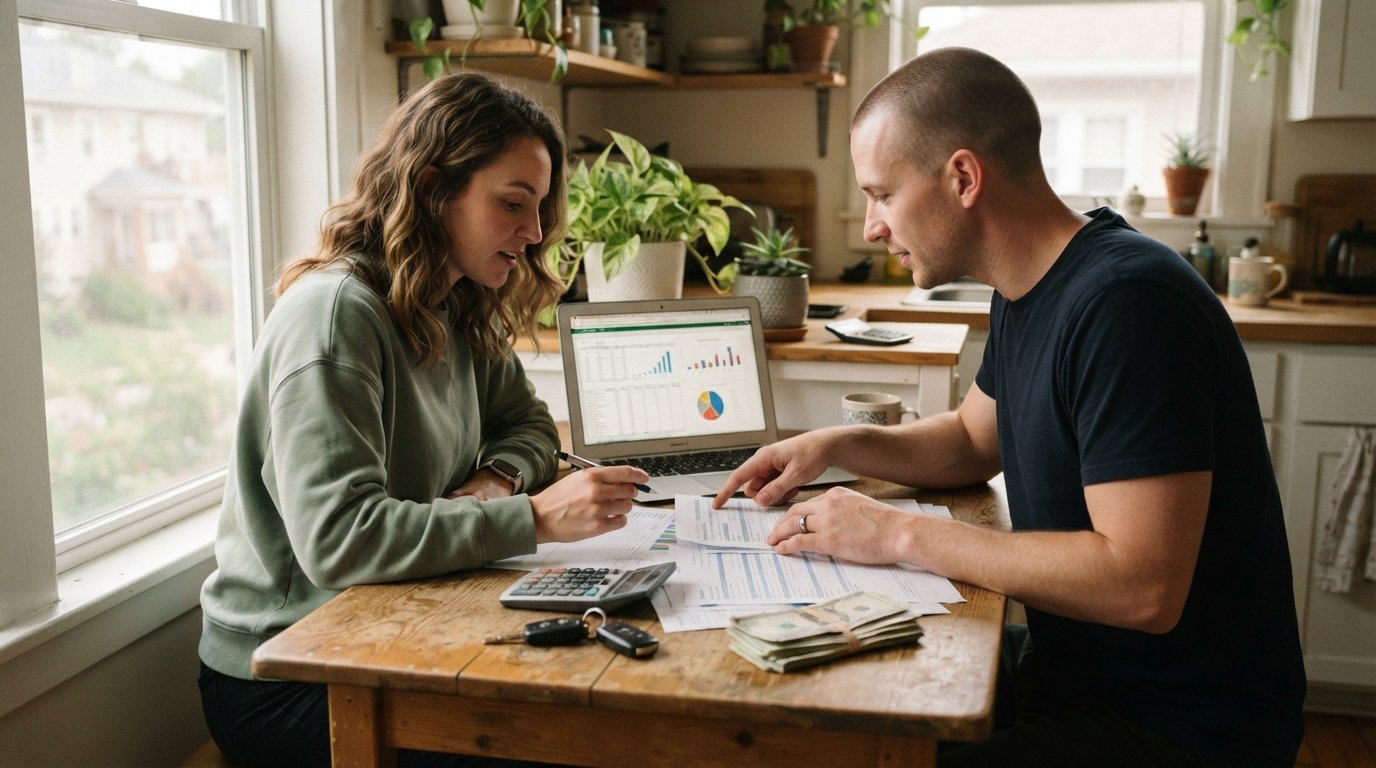 Couple at a kitchen table reviewing paperwork with a laptop, calculator, car keys, and cash
