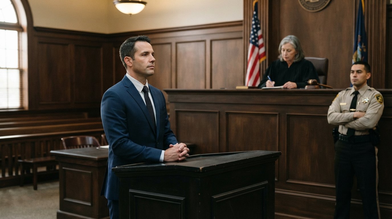 A composed defendant in a navy suit stands at a wooden podium facing a judge at an elevated bench in a courtroom