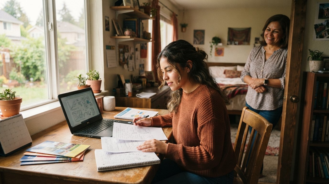 First-generation college student at a wooden desk reviewing scholarship papers and a financial aid booklet, laptop open,…