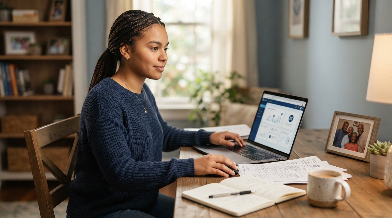 Young adult at a home desk with a laptop, financial aid forms, notebook, coffee mug, and framed family photo in warm window…