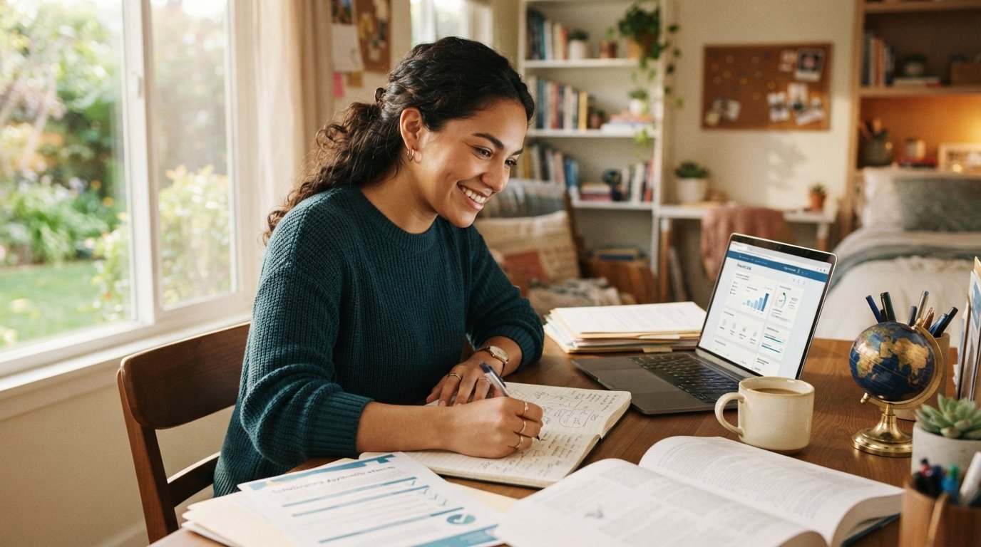 Young adult in casual smart clothing sitting at a home desk with a laptop, scholarship papers, notebook, coffee mug, and…