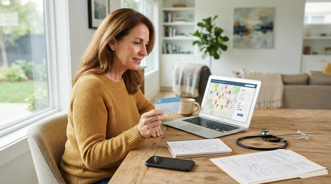 Woman at a wooden desk holds a health insurance card while comparing it with a provider search map on her laptop, with a…