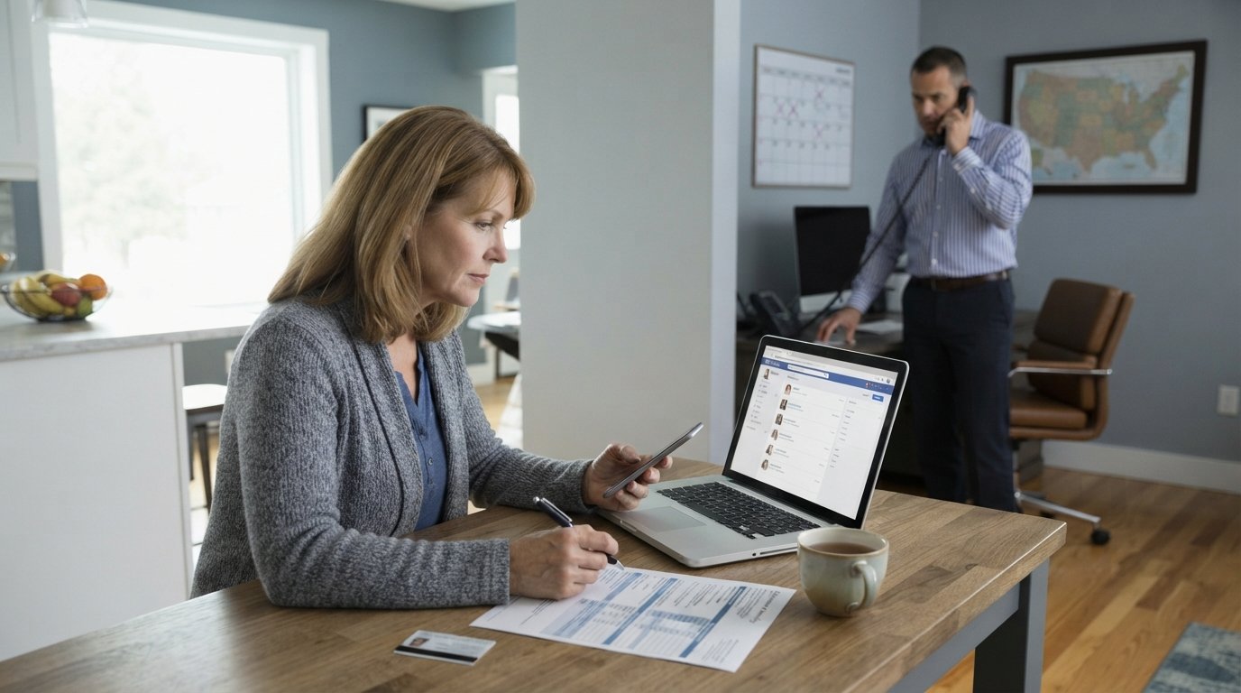 Middle-aged woman at a kitchen table reviewing a provider directory on a laptop while holding a smartphone and insurance card