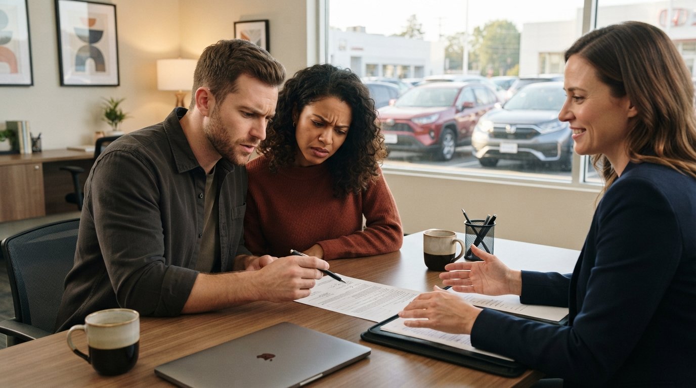 Young couple reviewing a car loan contract at a dealership desk, man pointing at a line while woman leans in with a…