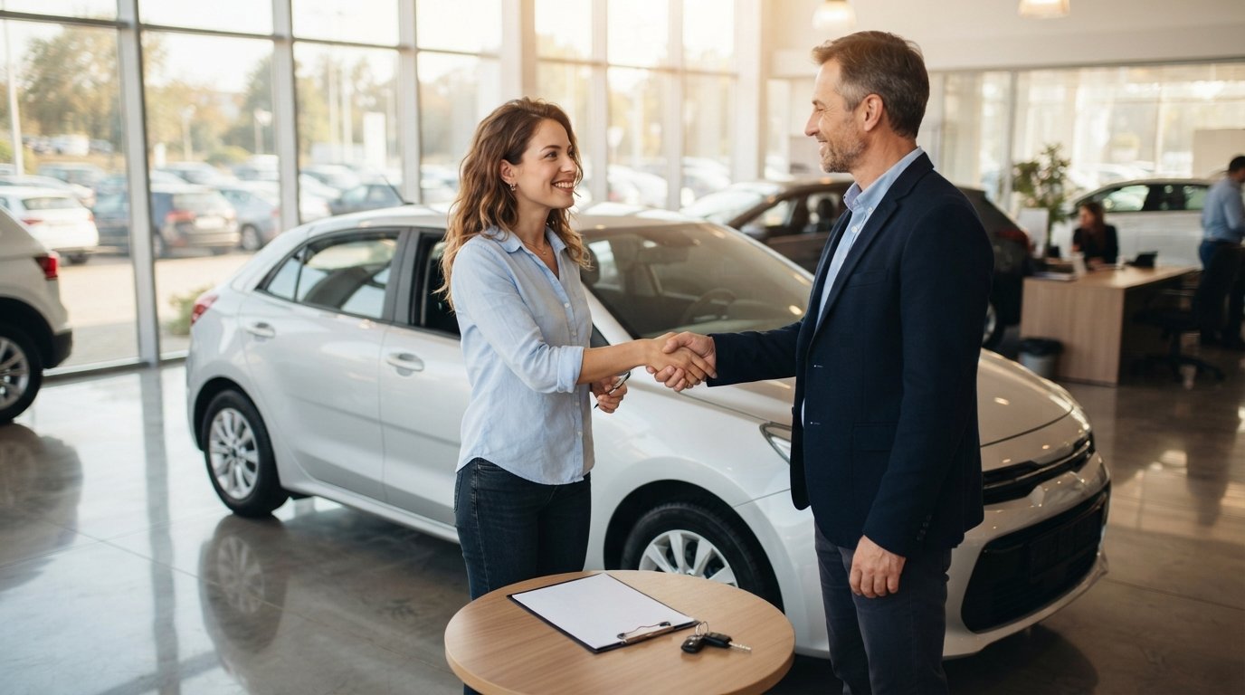 Young woman in a light blue shirt shakes hands with a salesperson in a navy blazer beside a silver sedan in a bright…