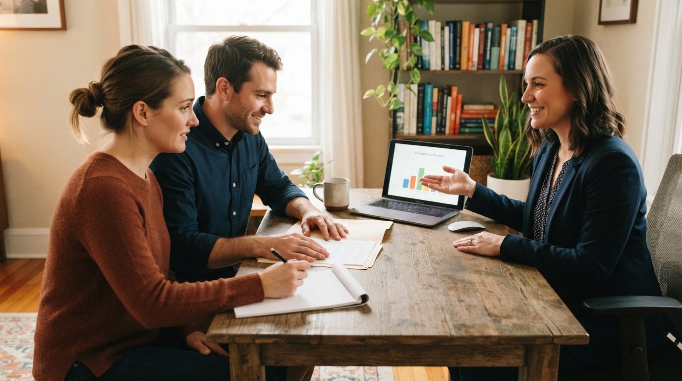 Couple reviewing a bar graph on a laptop with a loan officer at a wooden desk in a bright office
