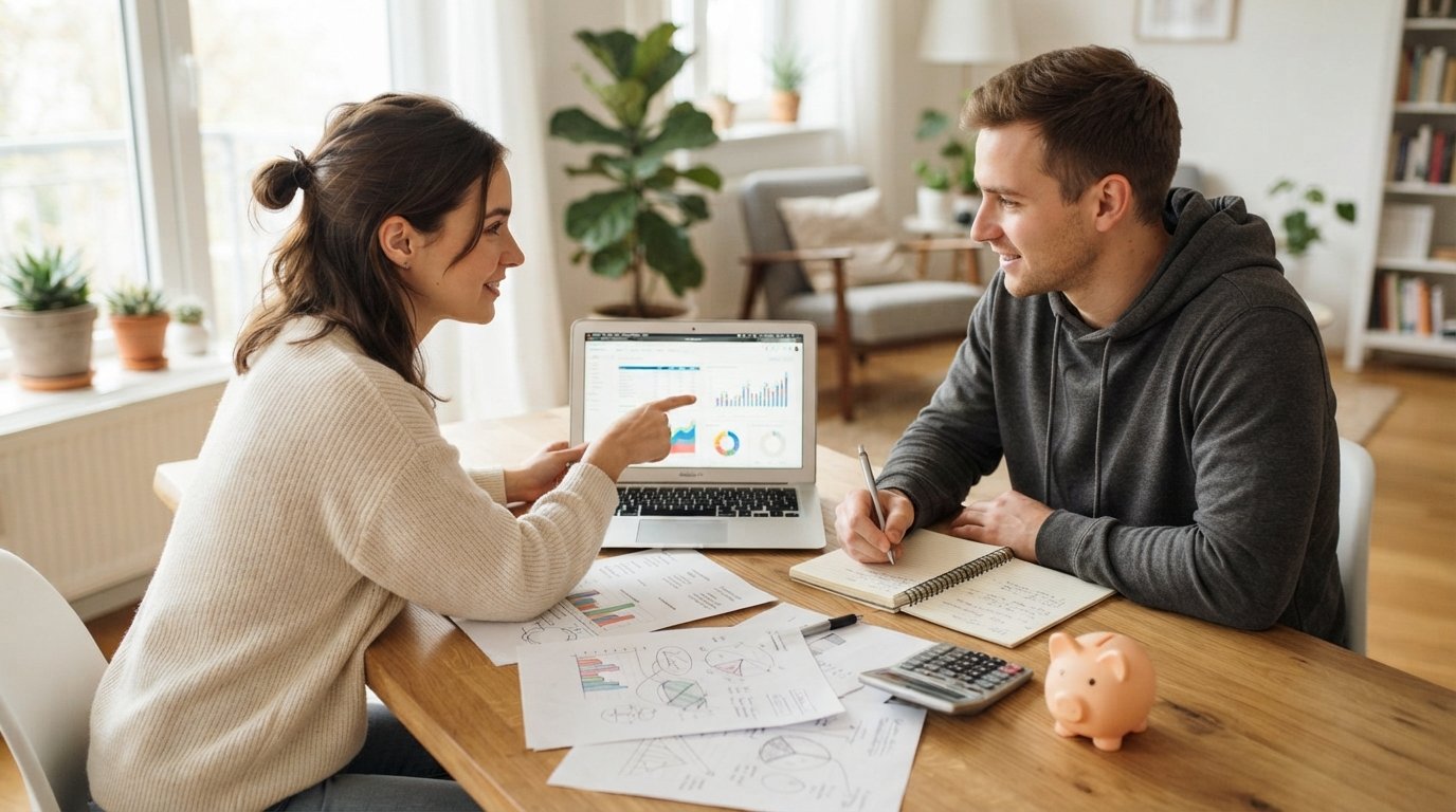 Couple in sweaters reviewing financial documents and charts on a laptop at a sunlit wooden table with a calculator and…