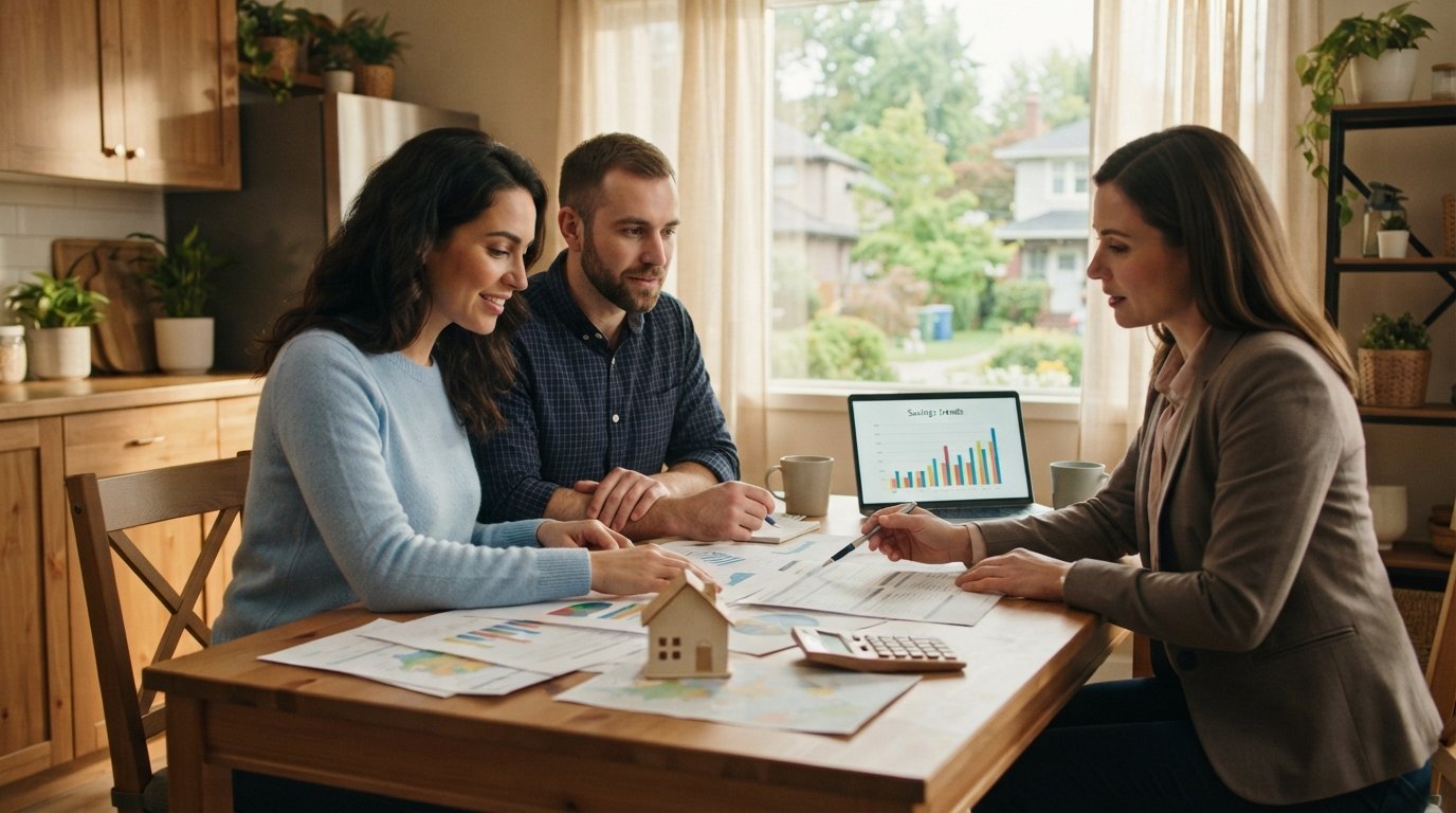 Couple reviews mortgage paperwork and a savings chart with a real estate agent at a sunlit kitchen table