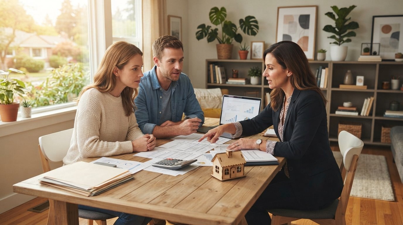 Couple reviewing tax papers at a kitchen table with a calculator, laptop, and small model house as an agent points to a…