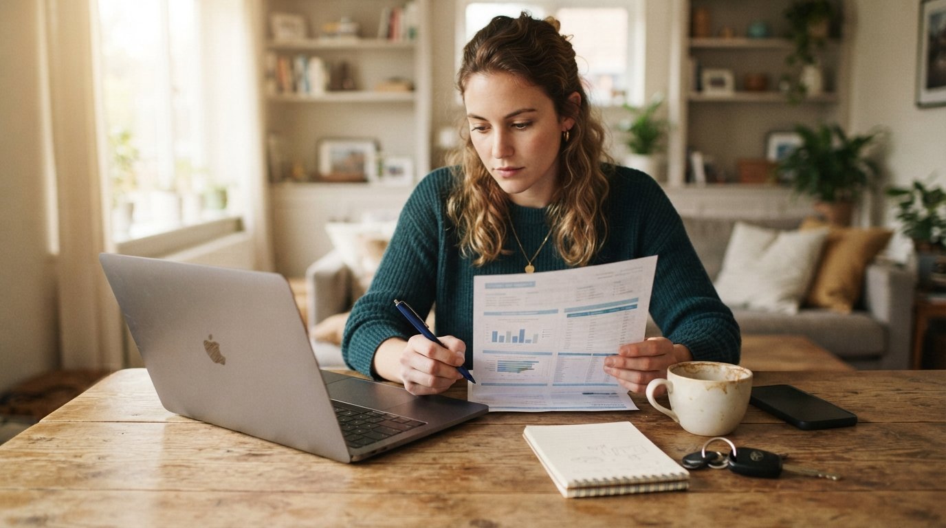 Person at a wooden table reviewing a paper credit report with a pen beside a laptop, coffee mug, smartphone, notebook, and…