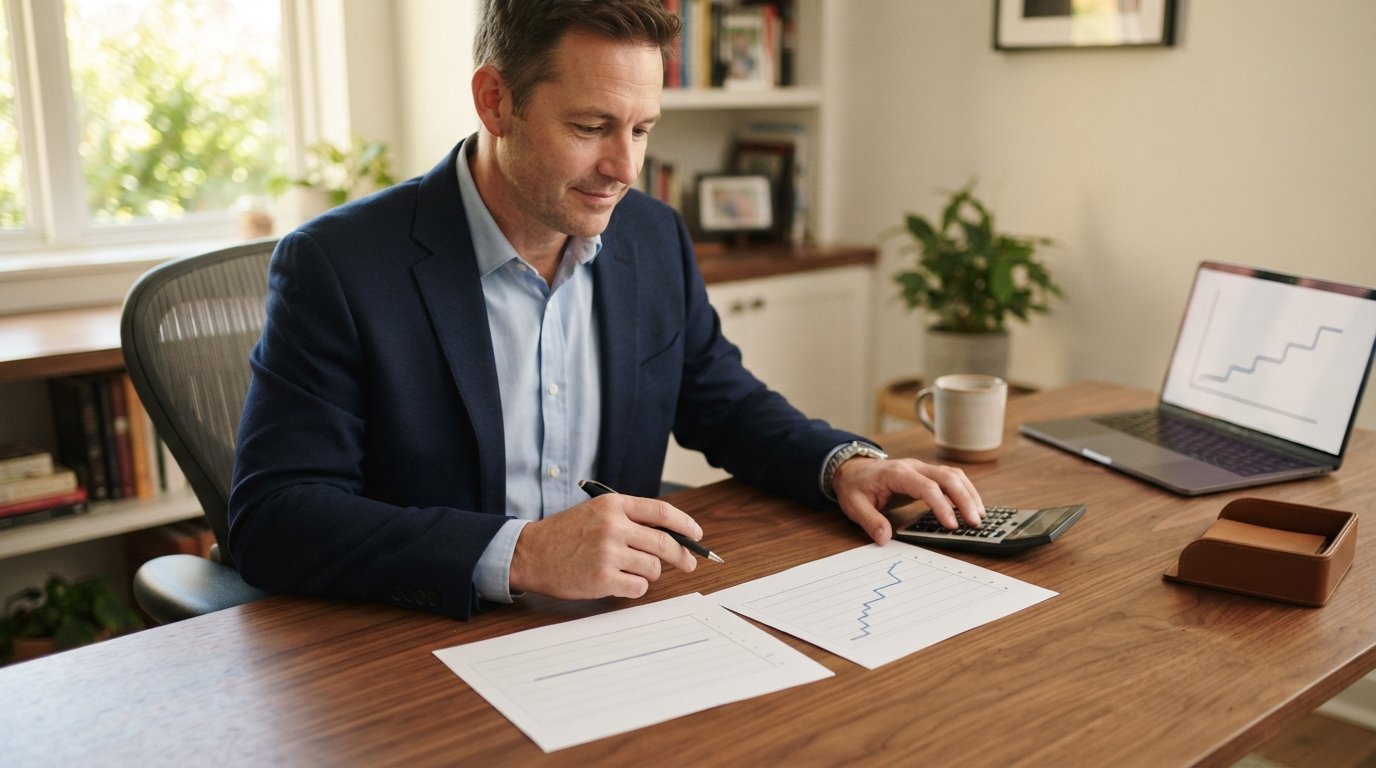 Homeowner in business casual attire compares two mortgage documents on a wooden desk, one showing a flat line graph and the…