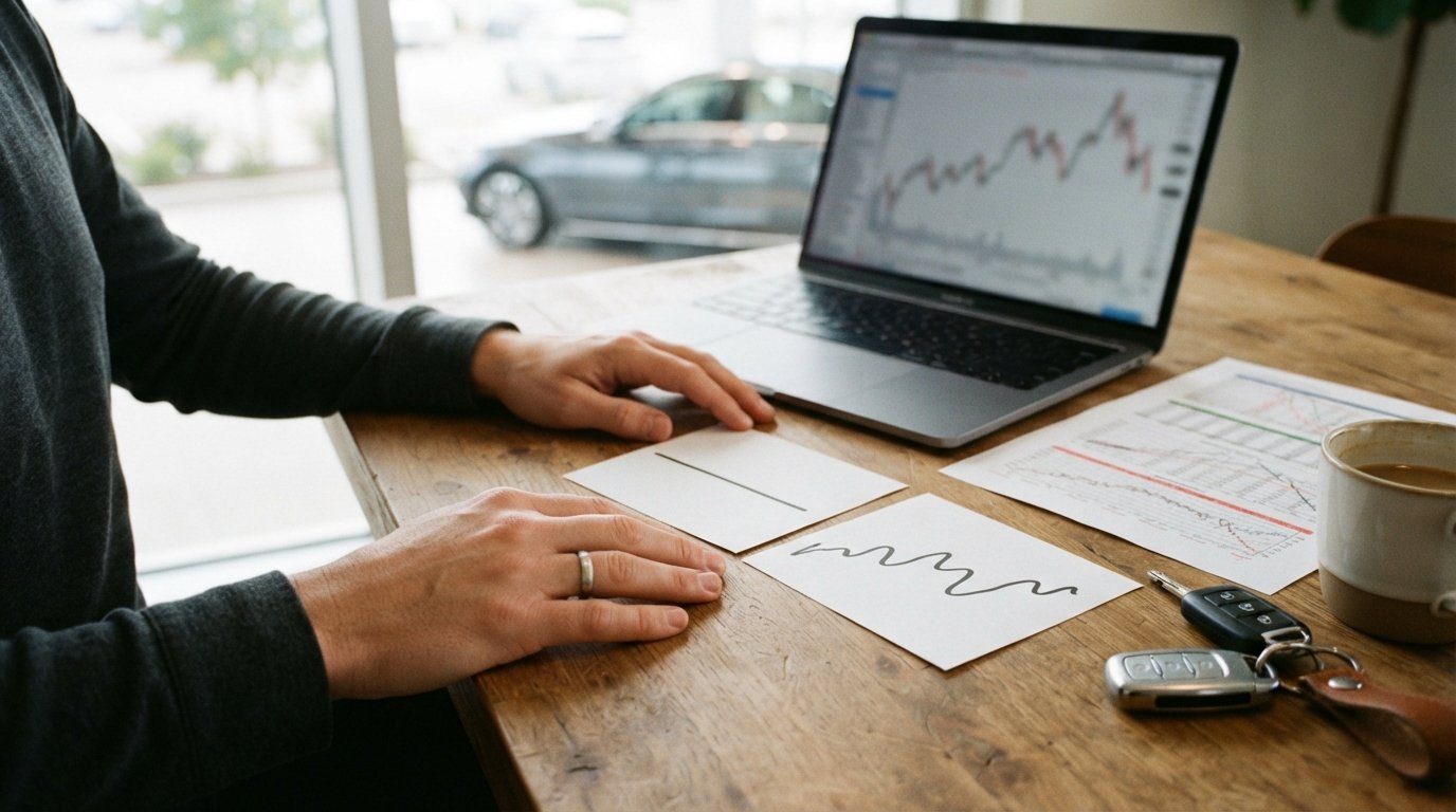 Hands on a desk beside a laptop, car keys, and two paper charts: one with a flat line, one with a wavy line